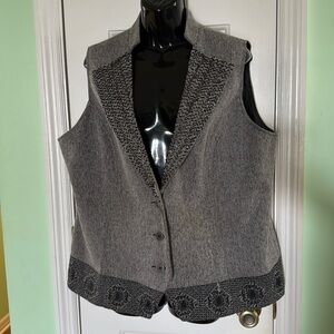 Coldwater Creek Plus Size Herringbone Vest Beaded Lapel Embroidered Hem Size 1X